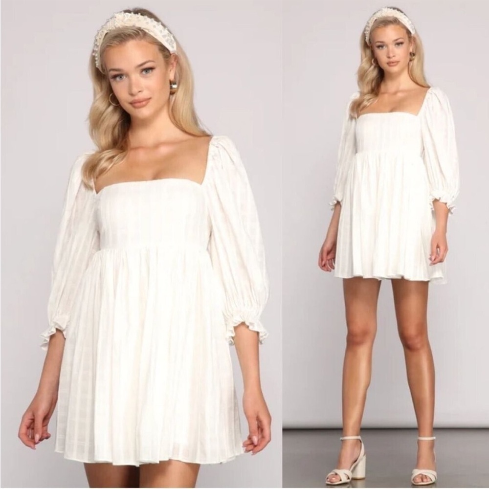 MABLE Plaid Print Puff Sleeve Babydoll Mini Dress L White